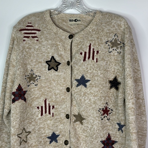 Vintage Winona Cotton Embroidered Star Oatmeal Tan Button Sweater Large - Picture 2 of 9